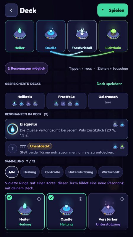 Deck-Auswahl mit Türmen und möglichen Resonanzen