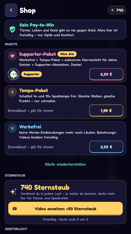 Shop mit dem Hinweis „Kein Pay-to-Win“: Werbefrei, Tempo-Paket, Supporter-Paket